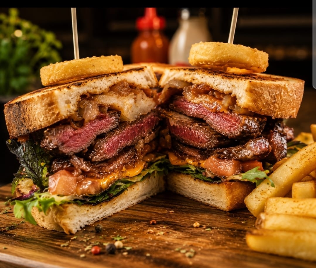 Steak sandwich with onion rings and fries at The Eve